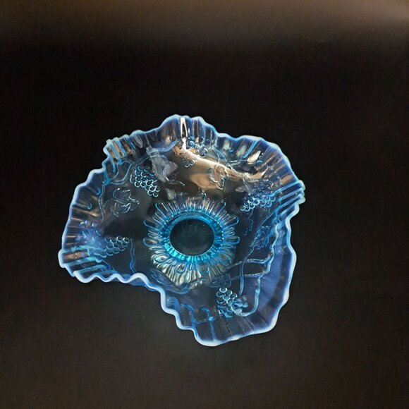 Fenton Blue Art Glass Ruffled Edge Footed Candy Dish Vintage - Picture 5 of 16
